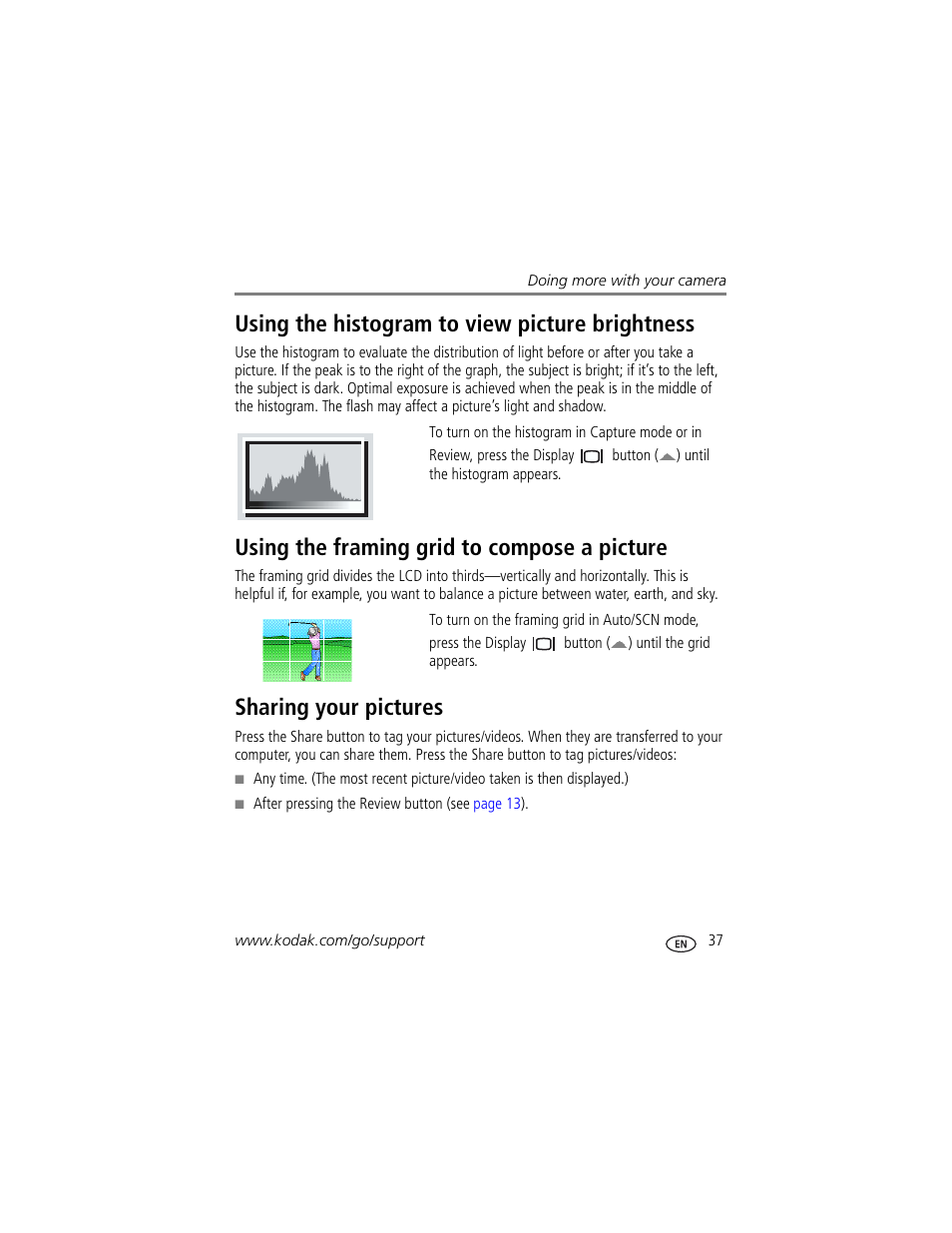 Using the histogram to view picture brightness, Using the framing grid to compose a picture, Sharing your pictures | Kodak M873 User Manual | Page 43 / 76