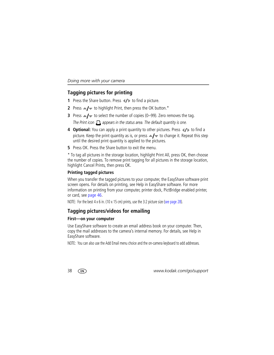 Tagging pictures for printing, Printing tagged pictures, Tagging pictures/videos for emailing | First-on your computer | Kodak M873 User Manual | Page 44 / 76