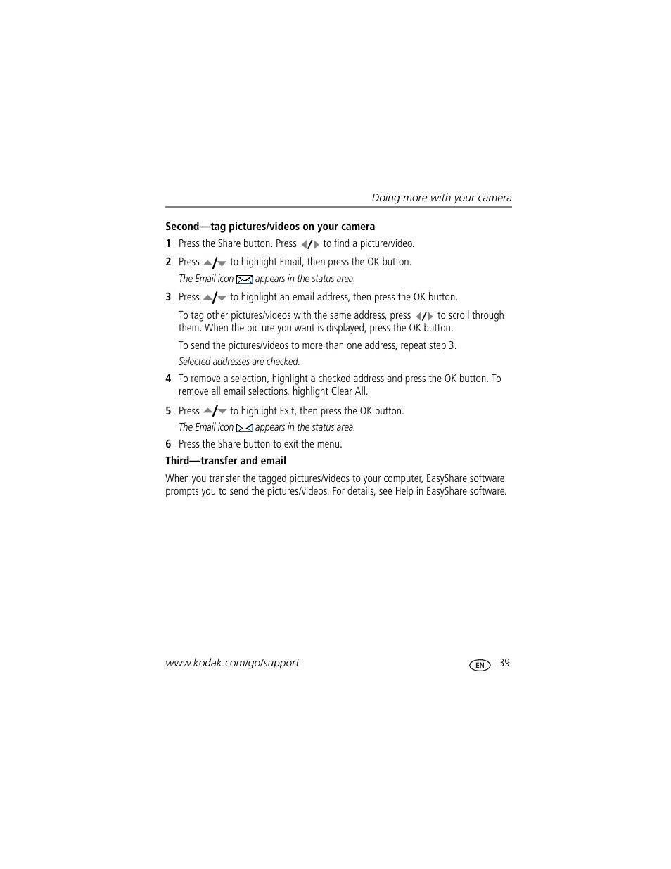 Second-tag pictures/videos on your camera, Third-transfer and email | Kodak M873 User Manual | Page 45 / 76
