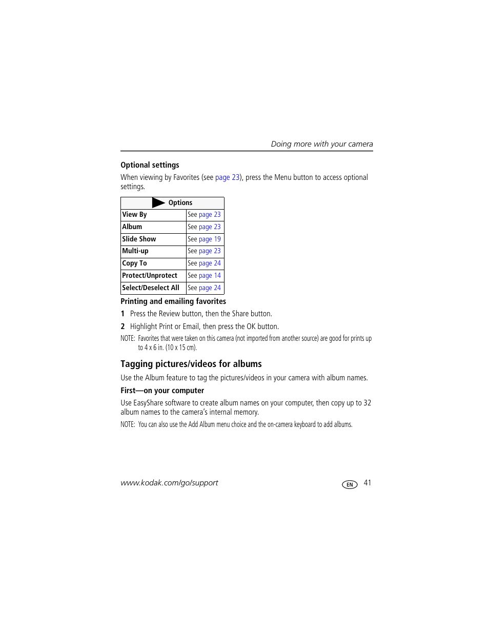 Optional settings, Printing and emailing favorites, Tagging pictures/videos for albums | First-on your computer | Kodak M873 User Manual | Page 47 / 76