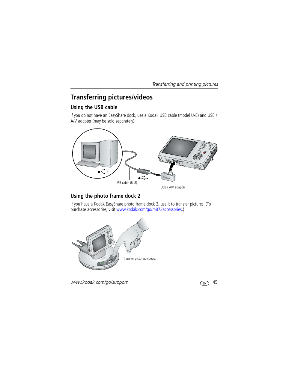 Transferring pictures/videos, Using the usb cable, Using the photo frame dock 2 | Kodak M873 User Manual | Page 51 / 76
