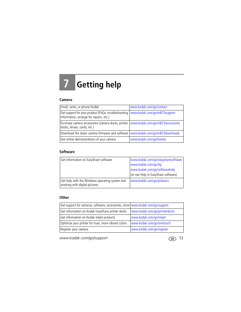 Getting help, 7 getting help | Kodak M873 User Manual | Page 59 / 76