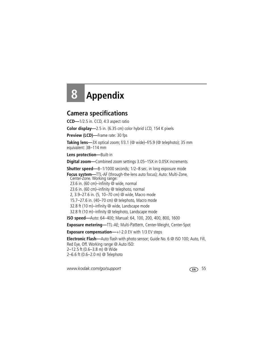 Appendix, Camera specifications, 8 appendix | Kodak M873 User Manual | Page 61 / 76