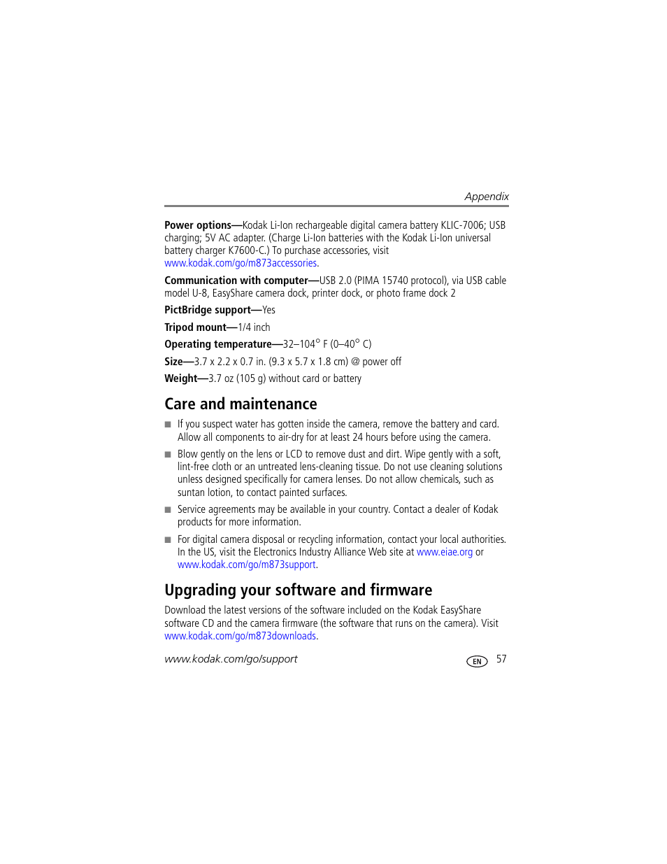 Care and maintenance, Upgrading your software and firmware | Kodak M873 User Manual | Page 63 / 76