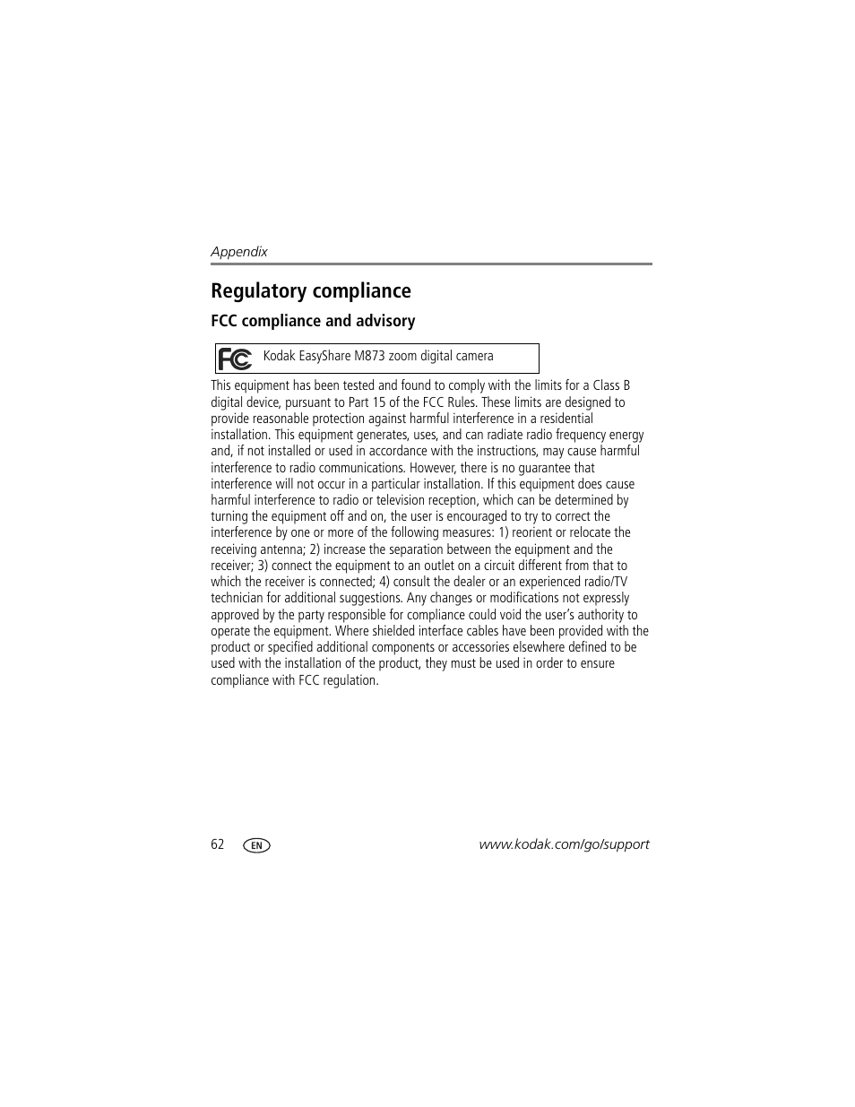 Regulatory compliance, Fcc compliance and advisory | Kodak M873 User Manual | Page 68 / 76