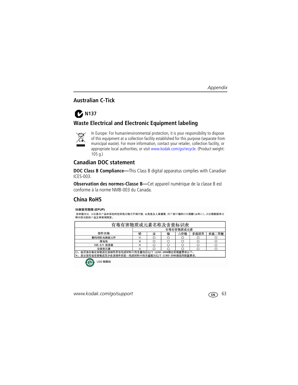 Australian c-tick, Waste electrical and electronic equipment labeling, Canadian doc statement | China rohs | Kodak M873 User Manual | Page 69 / 76