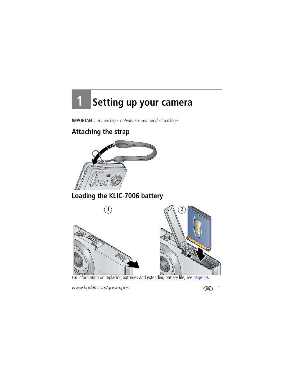 Setting up your camera, Attaching the strap, Loading the klic-7006 battery | 1 setting up your camera, Attaching the strap loading the klic-7006 battery | Kodak M873 User Manual | Page 7 / 76