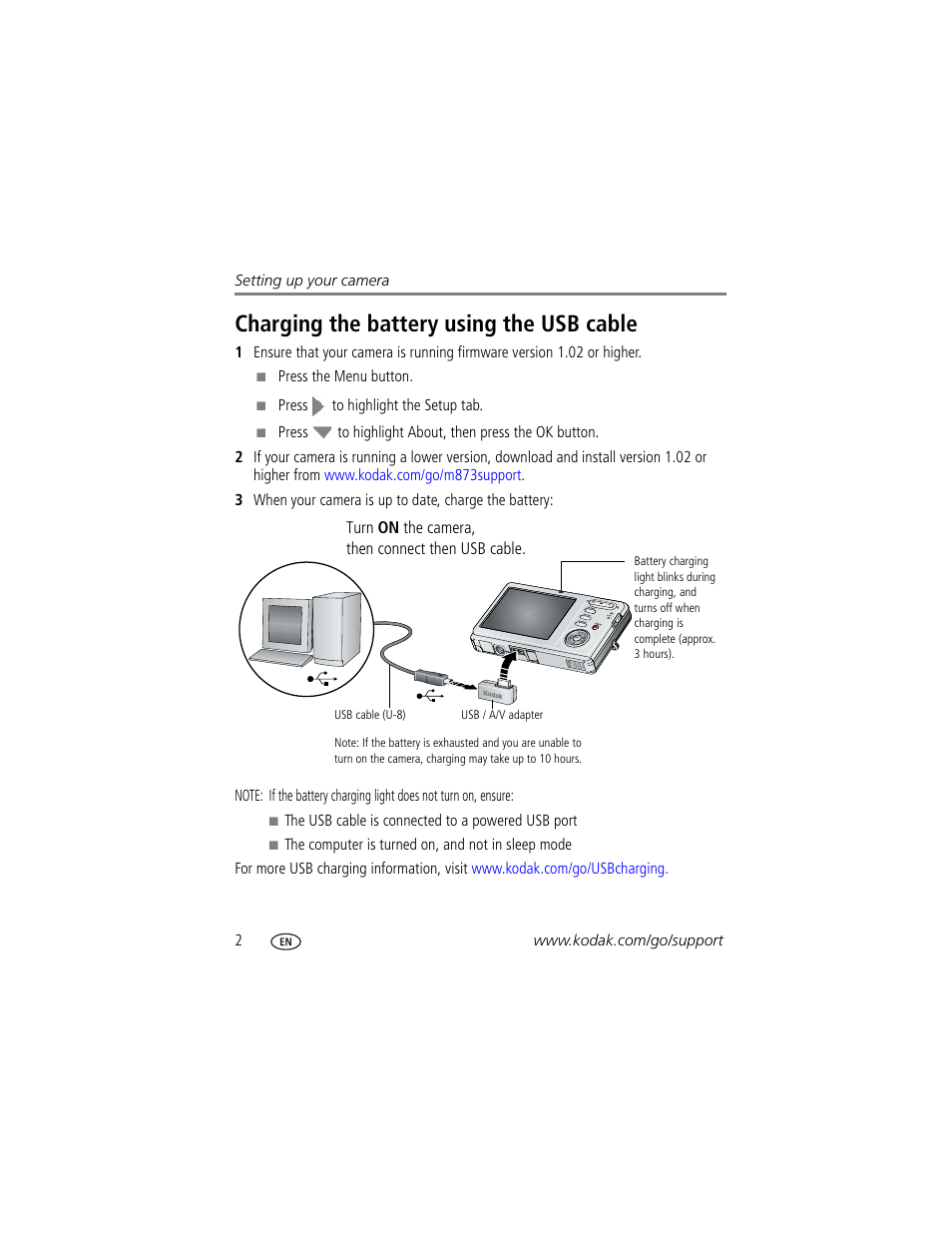 Charging the battery using the usb cable | Kodak M873 User Manual | Page 8 / 76