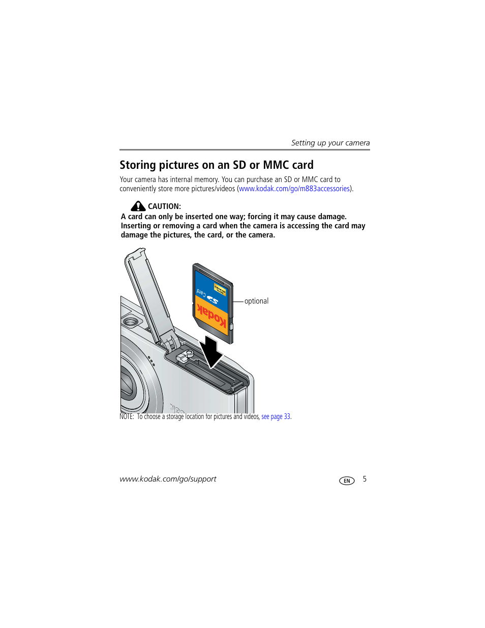 Storing pictures on an sd or mmc card | Kodak M883 User Manual | Page 11 / 76