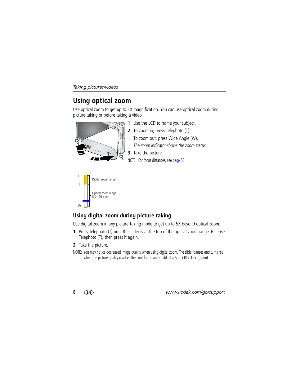 Using optical zoom, Using digital zoom during picture taking | Kodak M883 User Manual | Page 14 / 76
