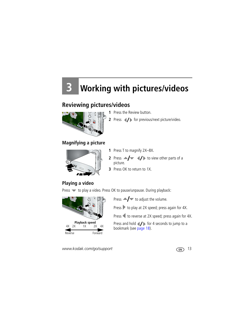 Working with pictures/videos, Reviewing pictures/videos, Magnifying a picture | Playing a video, 3 working with pictures/videos | Kodak M883 User Manual | Page 19 / 76
