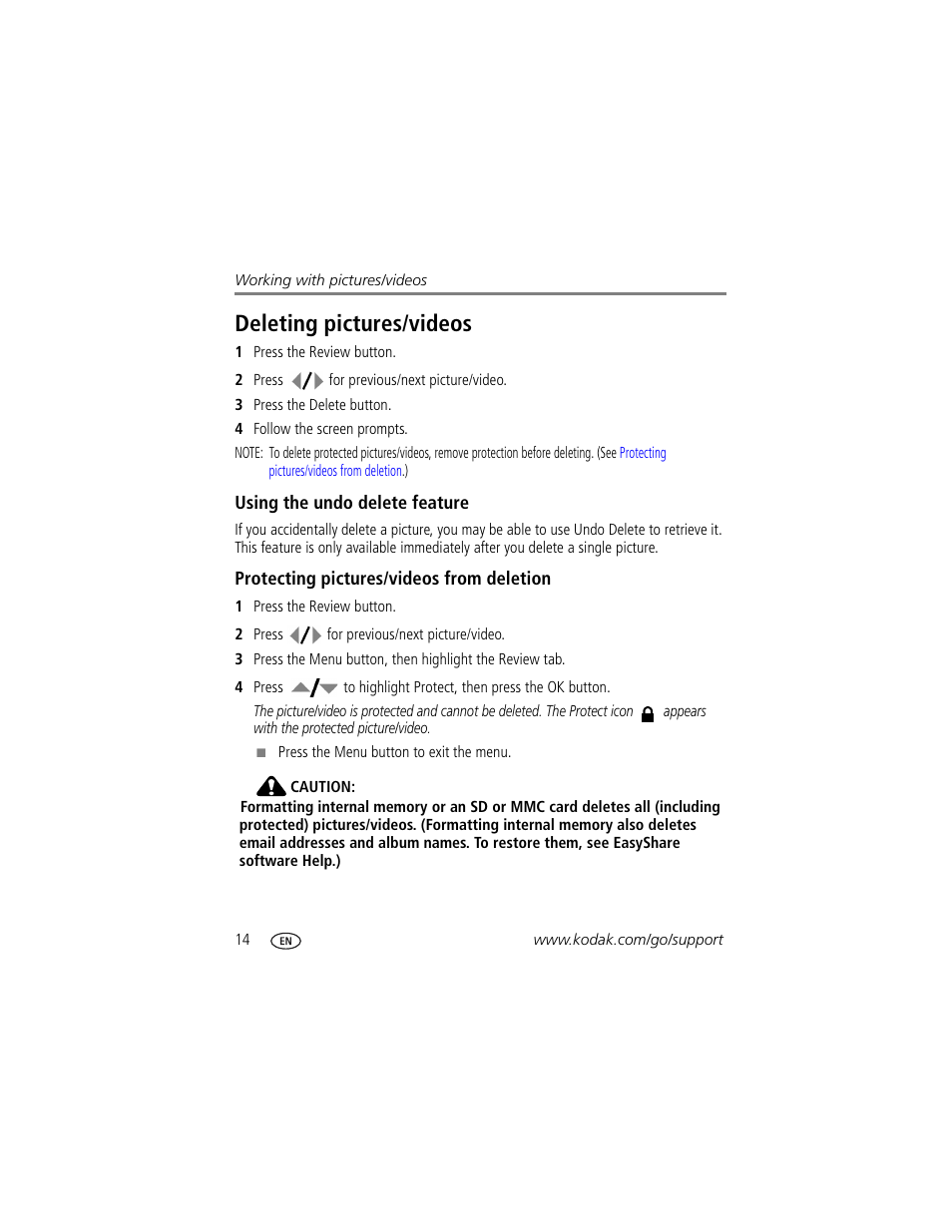 Deleting pictures/videos, Using the undo delete feature, Protecting pictures/videos from deletion | Kodak M883 User Manual | Page 20 / 76