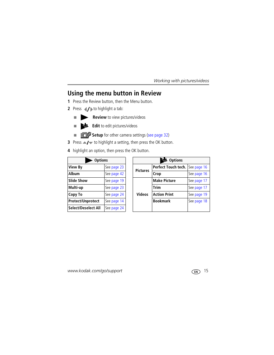 Using the menu button in review | Kodak M883 User Manual | Page 21 / 76