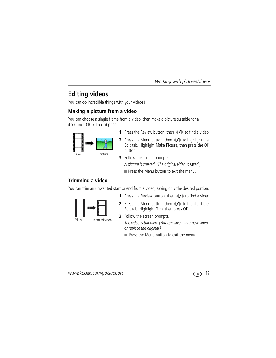 Editing videos, Making a picture from a video, Trimming a video | Kodak M883 User Manual | Page 23 / 76