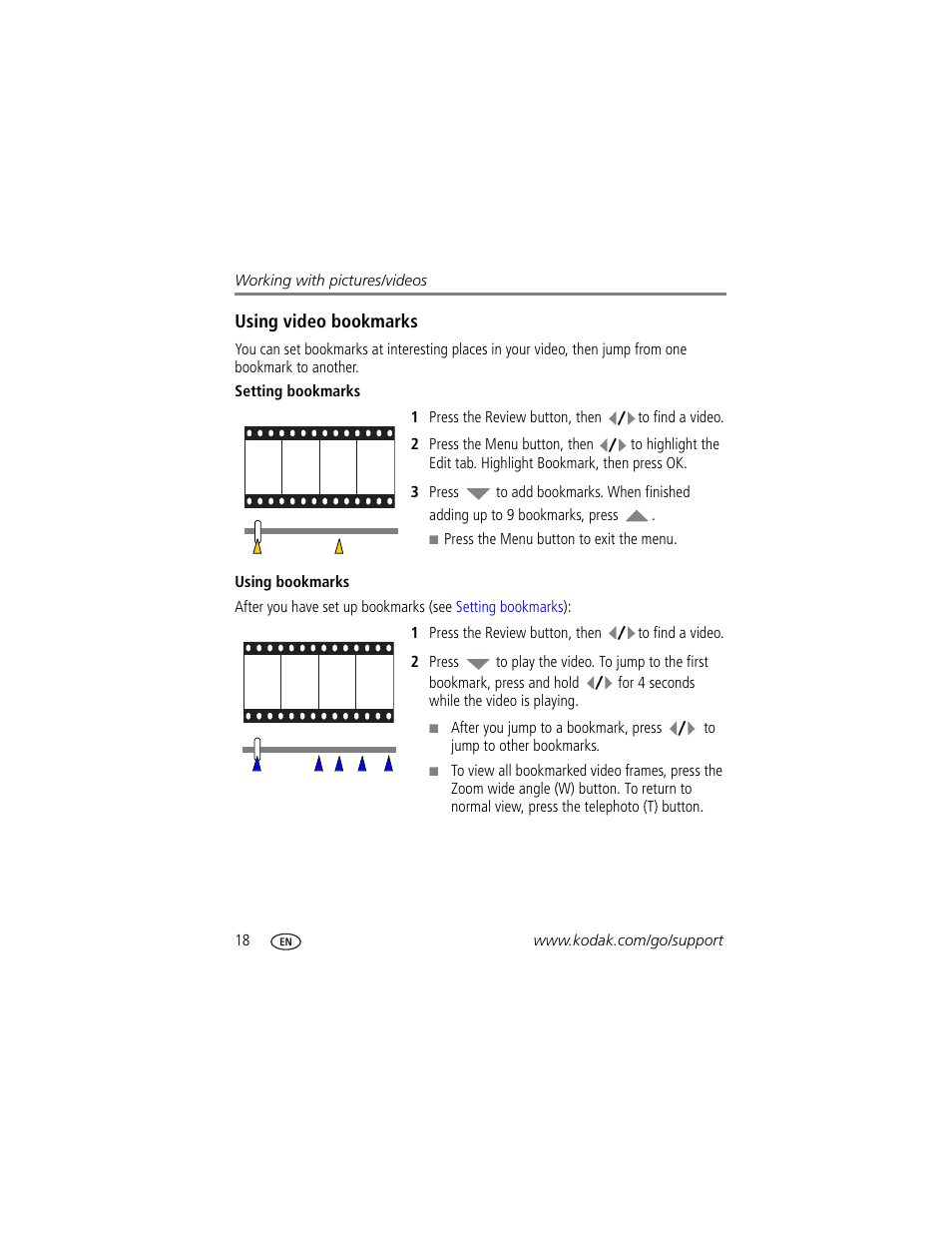 Using video bookmarks, Setting bookmarks, Using bookmarks | Kodak M883 User Manual | Page 24 / 76