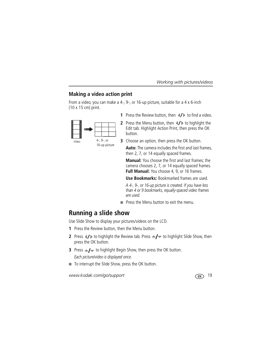 Making a video action print, Running a slide show | Kodak M883 User Manual | Page 25 / 76