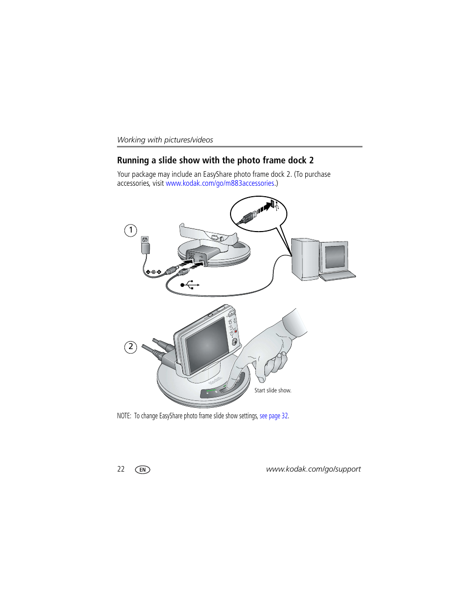 Running a slide show with the photo frame dock 2 | Kodak M883 User Manual | Page 28 / 76