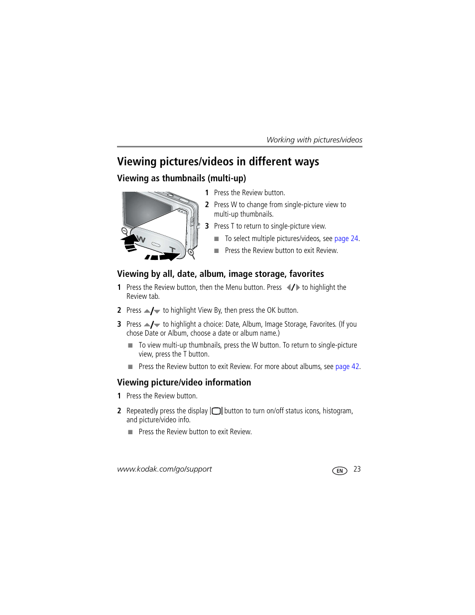 Viewing pictures/videos in different ways, Viewing as thumbnails (multi-up), Viewing picture/video information | Kodak M883 User Manual | Page 29 / 76