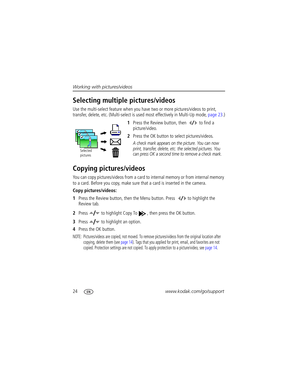 Selecting multiple pictures/videos, Copying pictures/videos | Kodak M883 User Manual | Page 30 / 76