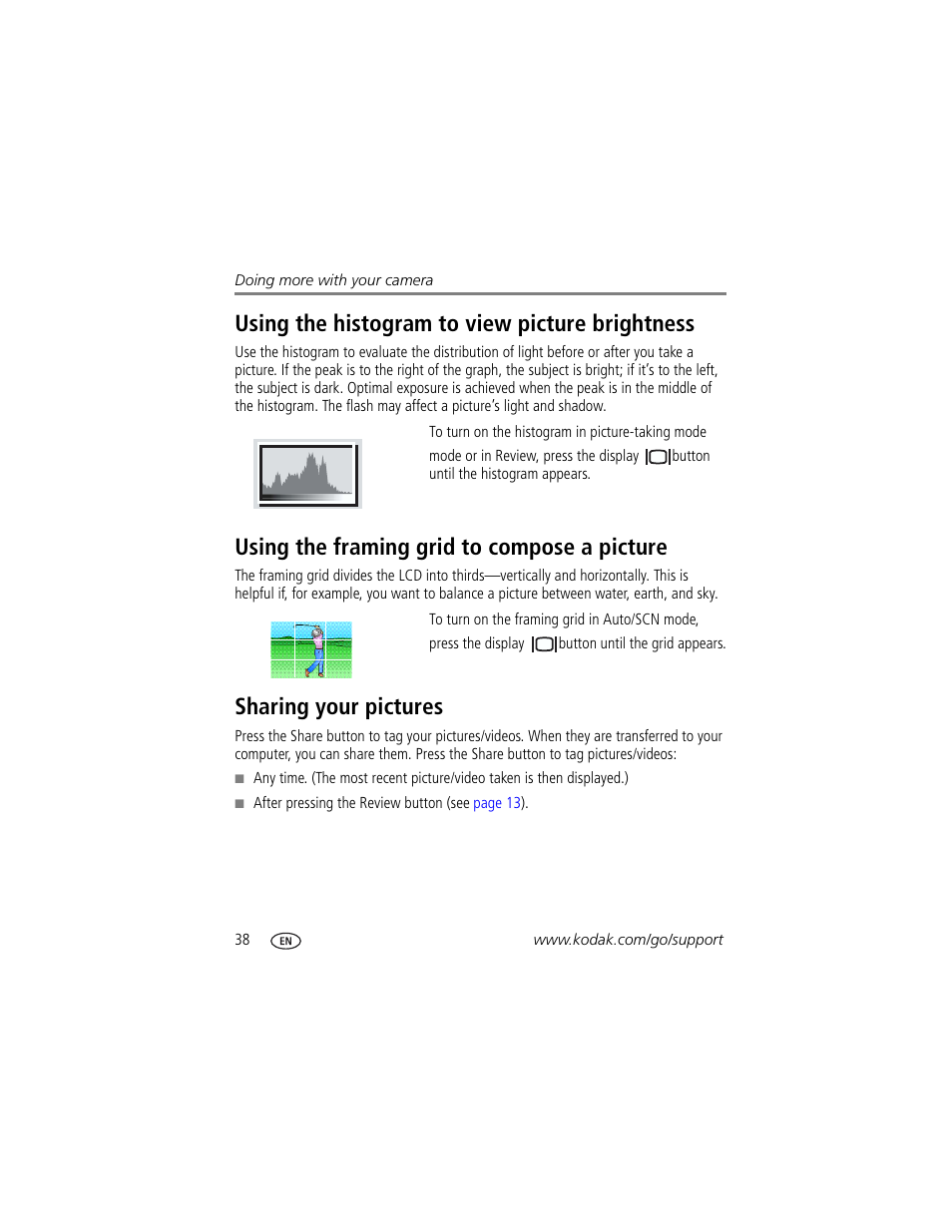 Using the histogram to view picture brightness, Using the framing grid to compose a picture, Sharing your pictures | Kodak M883 User Manual | Page 44 / 76