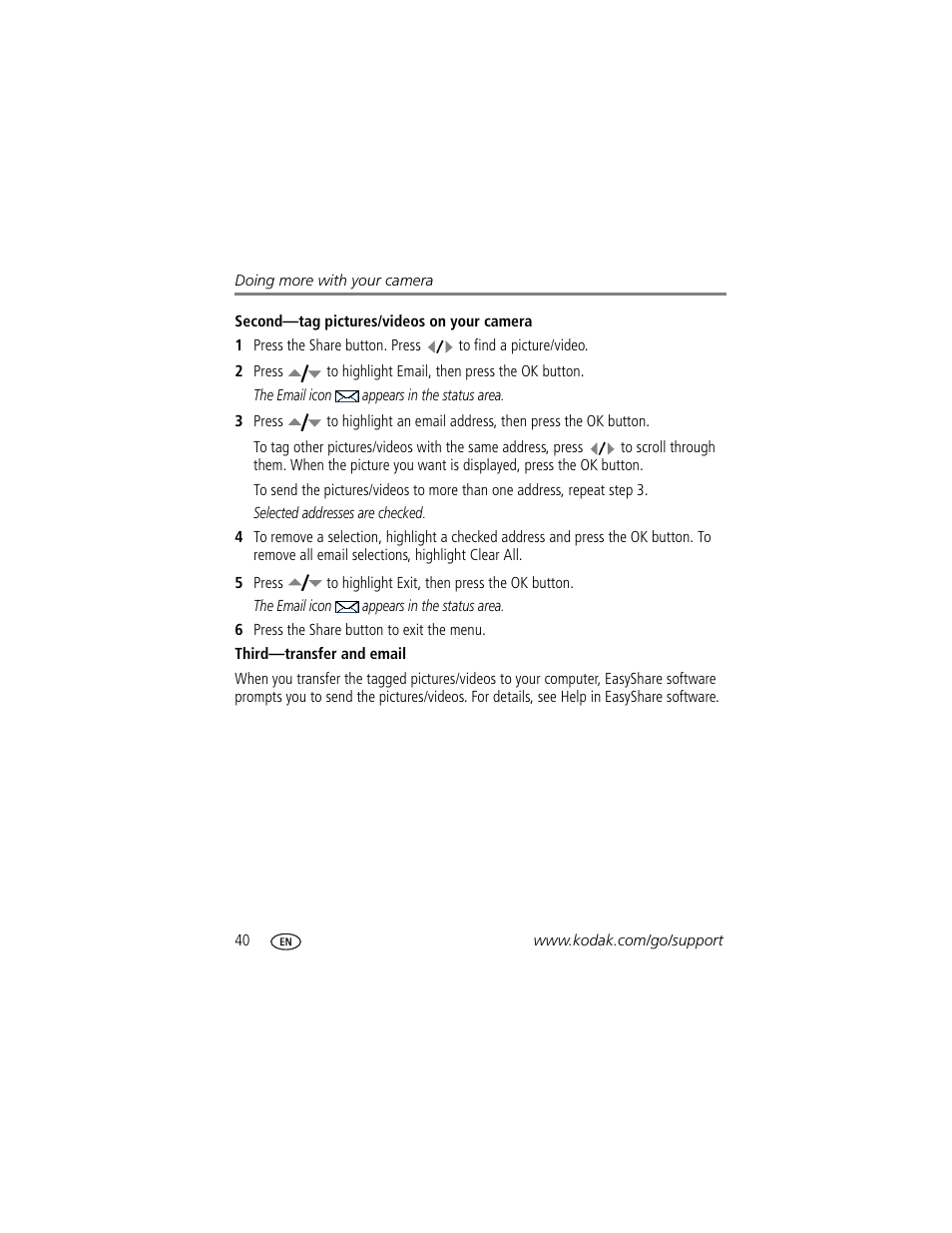 Second-tag pictures/videos on your camera, Third-transfer and email | Kodak M883 User Manual | Page 46 / 76