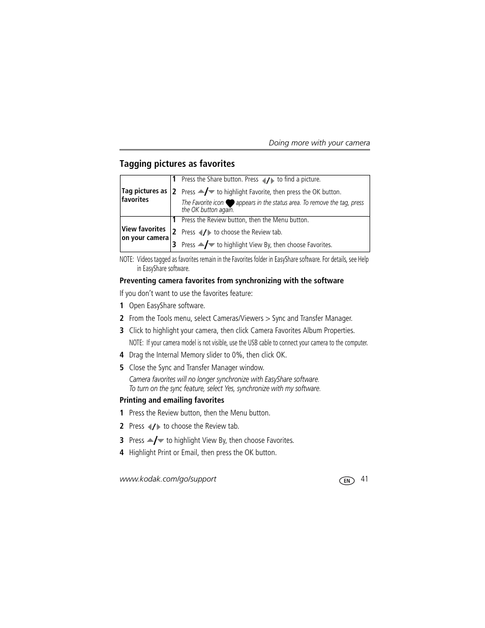 Tagging pictures as favorites, Printing and emailing favorites | Kodak M883 User Manual | Page 47 / 76