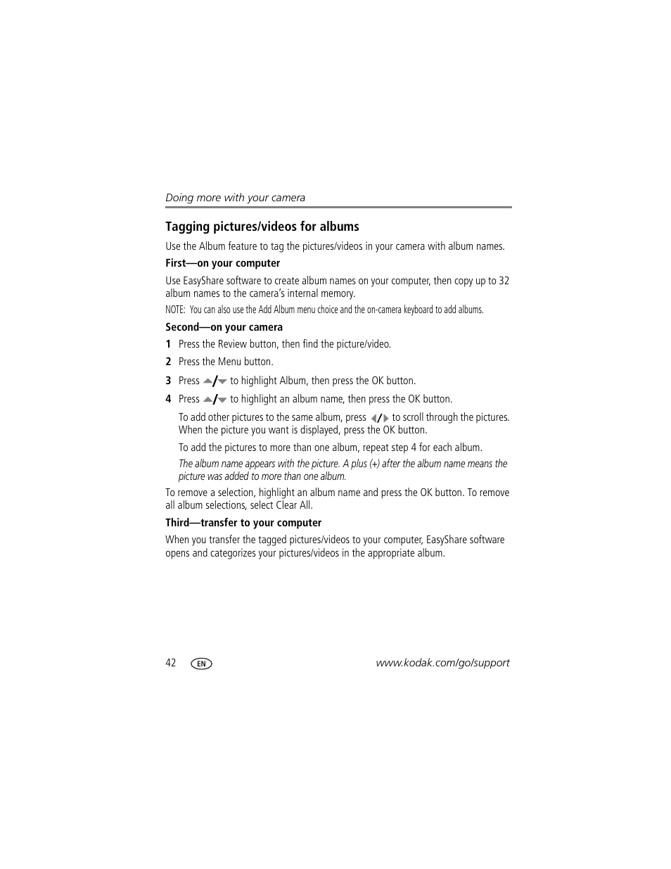 Tagging pictures/videos for albums, First-on your computer, Second-on your camera | Third-transfer to your computer | Kodak M883 User Manual | Page 48 / 76