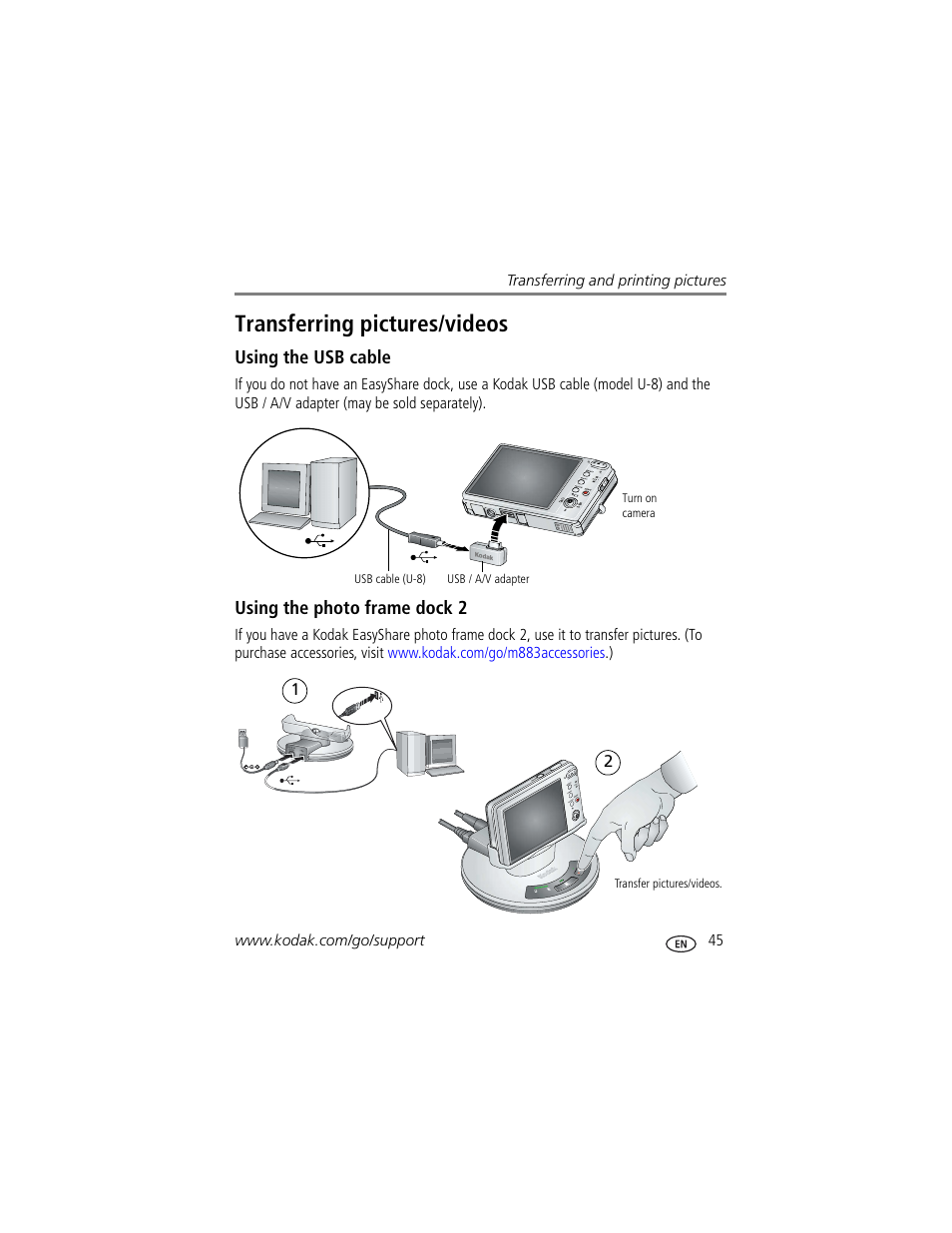 Transferring pictures/videos, Using the usb cable, Using the photo frame dock 2 | Kodak M883 User Manual | Page 51 / 76