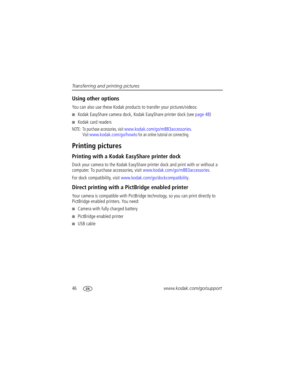 Using other options, Printing pictures, Printing with a kodak easyshare printer dock | Direct printing with a pictbridge enabled printer | Kodak M883 User Manual | Page 52 / 76