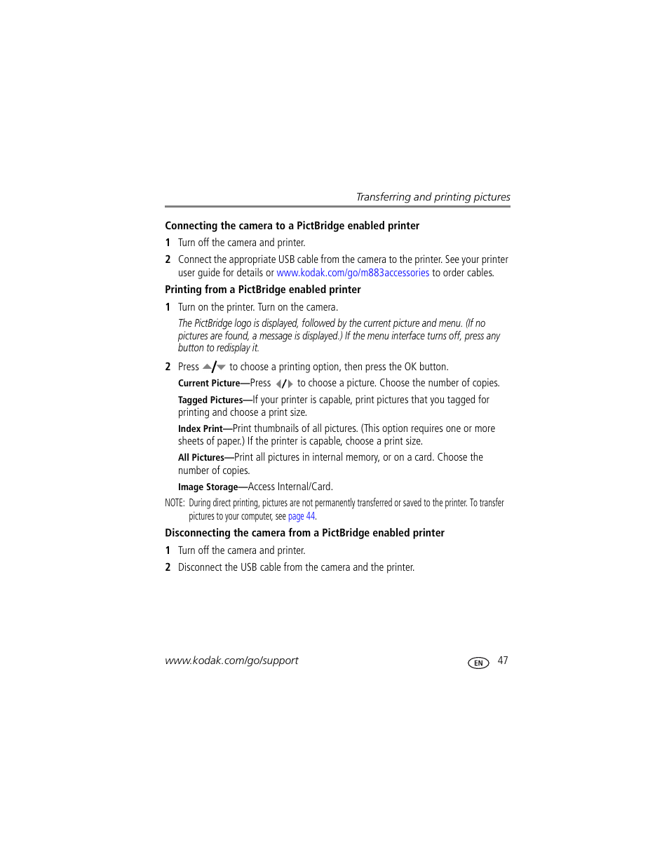 Printing from a pictbridge enabled printer | Kodak M883 User Manual | Page 53 / 76