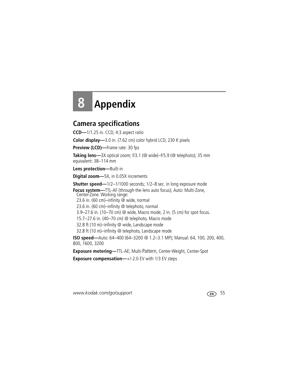 Appendix, Camera specifications, 8 appendix | Kodak M883 User Manual | Page 61 / 76