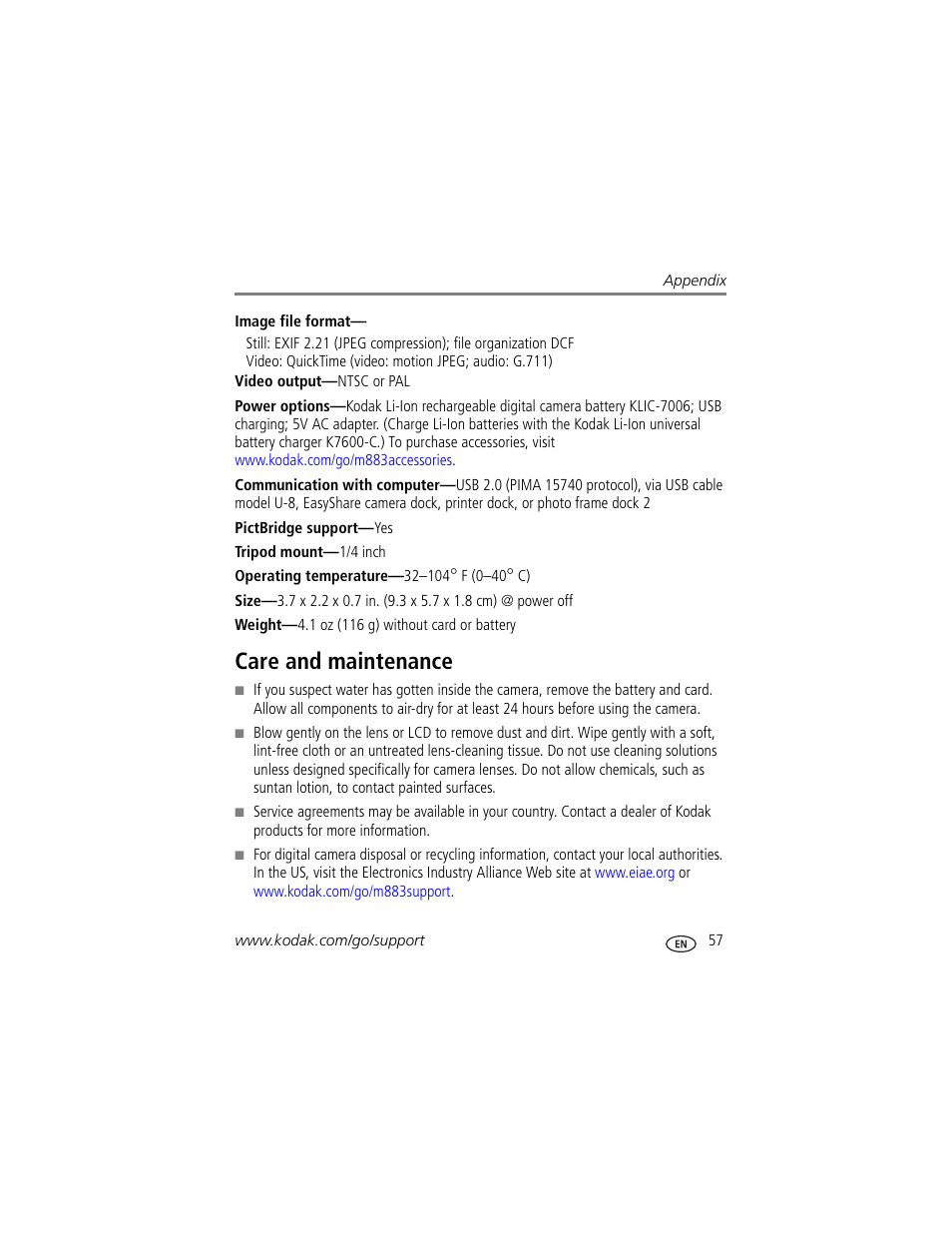 Care and maintenance | Kodak M883 User Manual | Page 63 / 76