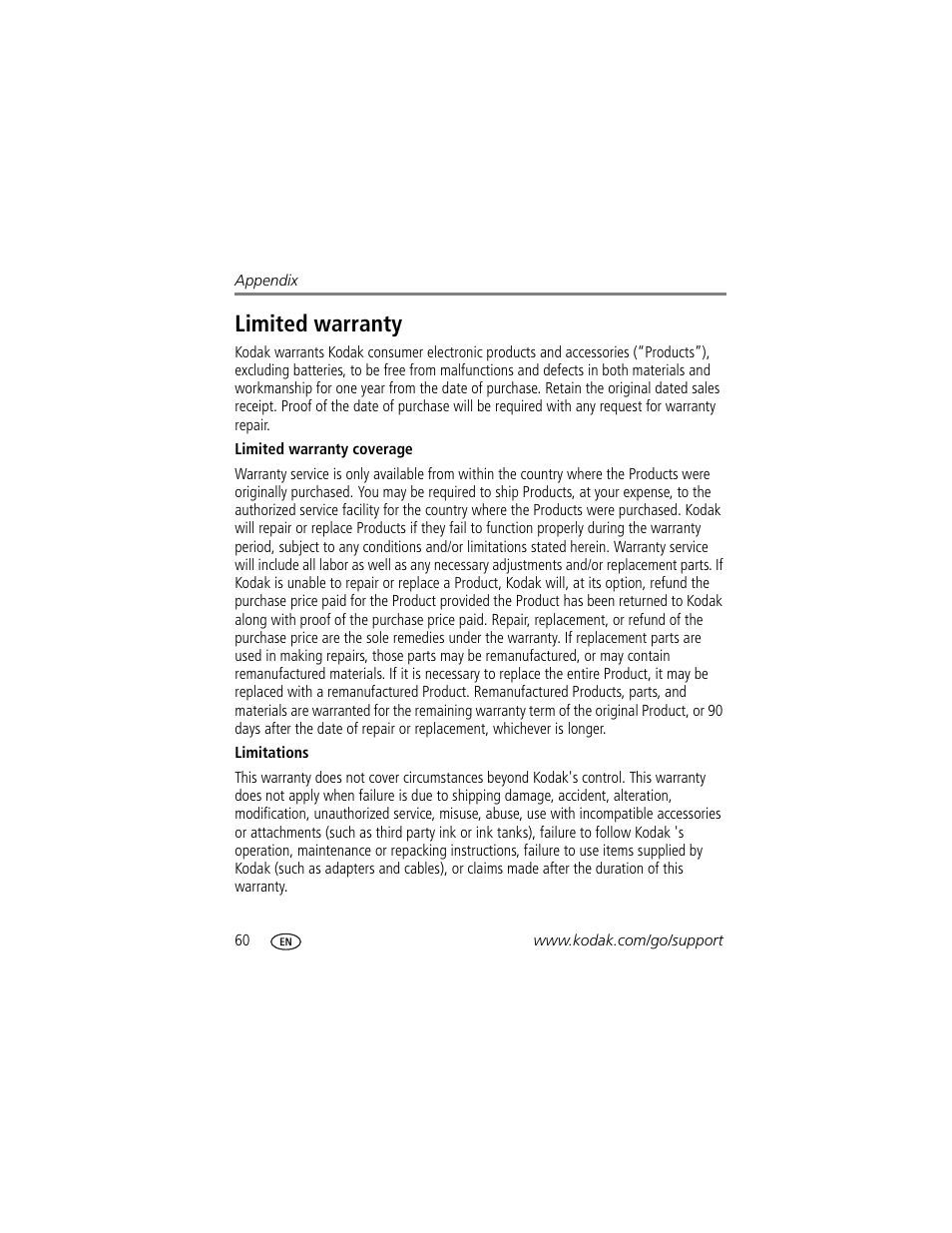 Limited warranty | Kodak M883 User Manual | Page 66 / 76