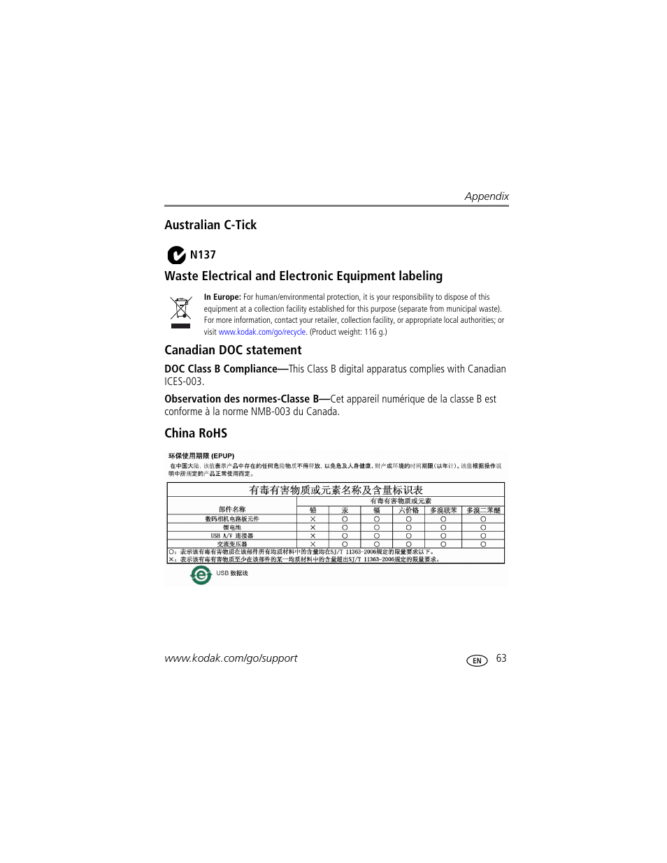 Australian c-tick, Waste electrical and electronic equipment labeling, Canadian doc statement | China rohs | Kodak M883 User Manual | Page 69 / 76