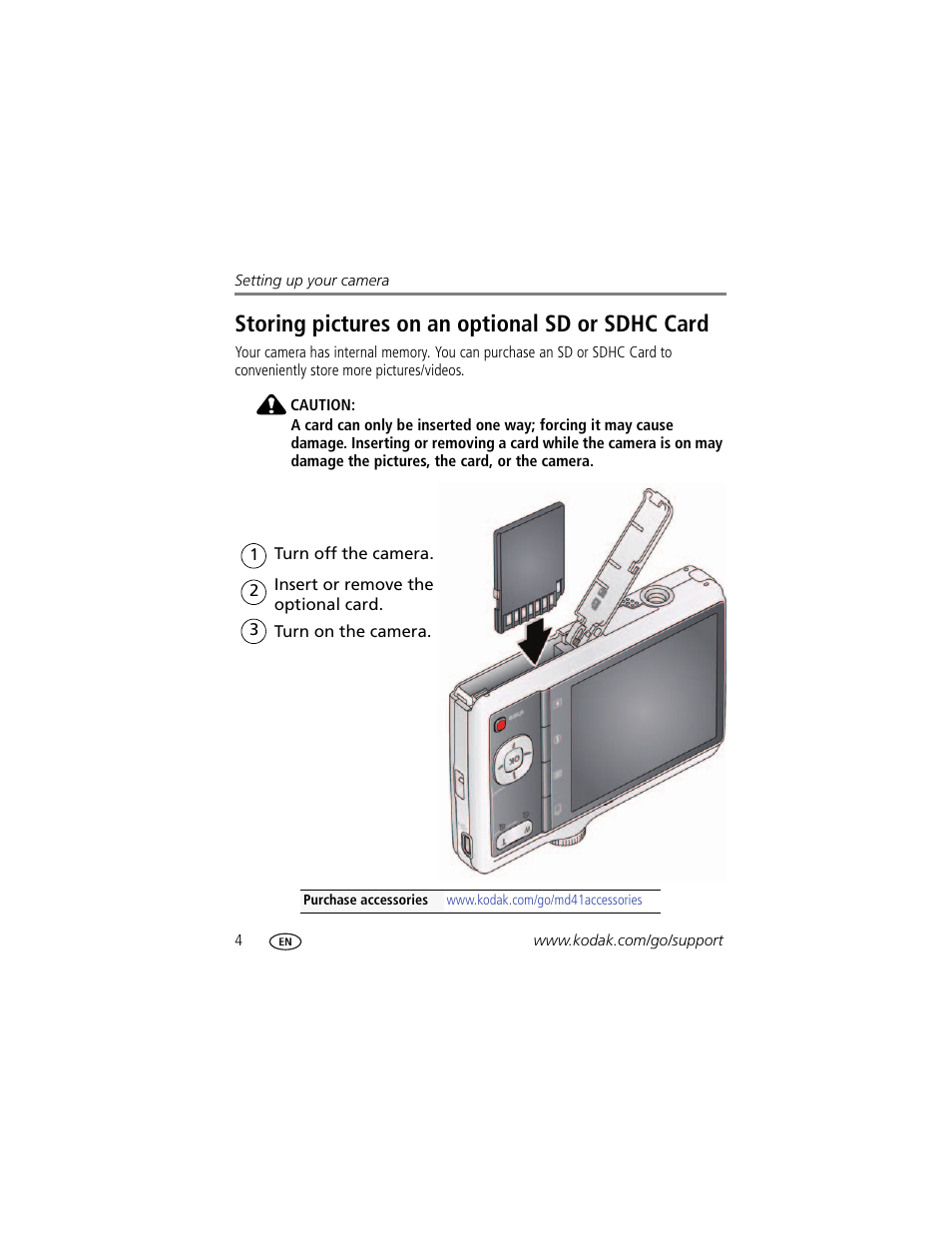 Storing pictures on an optional sd or sdhc card | Kodak MD41 User Manual | Page 10 / 67