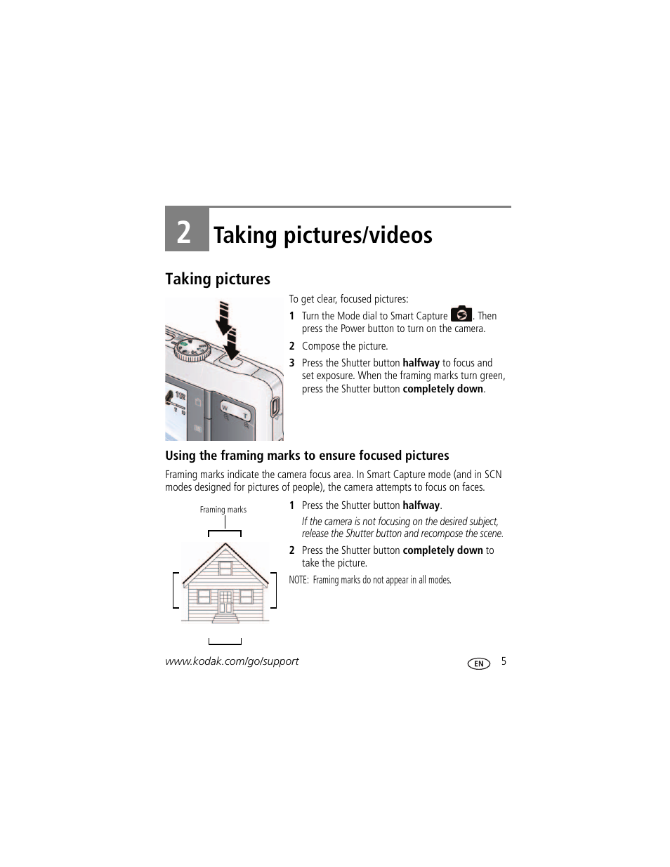 Taking pictures/videos, Taking pictures, Using the framing marks to ensure focused pictures | 2 taking pictures/videos | Kodak MD41 User Manual | Page 11 / 67