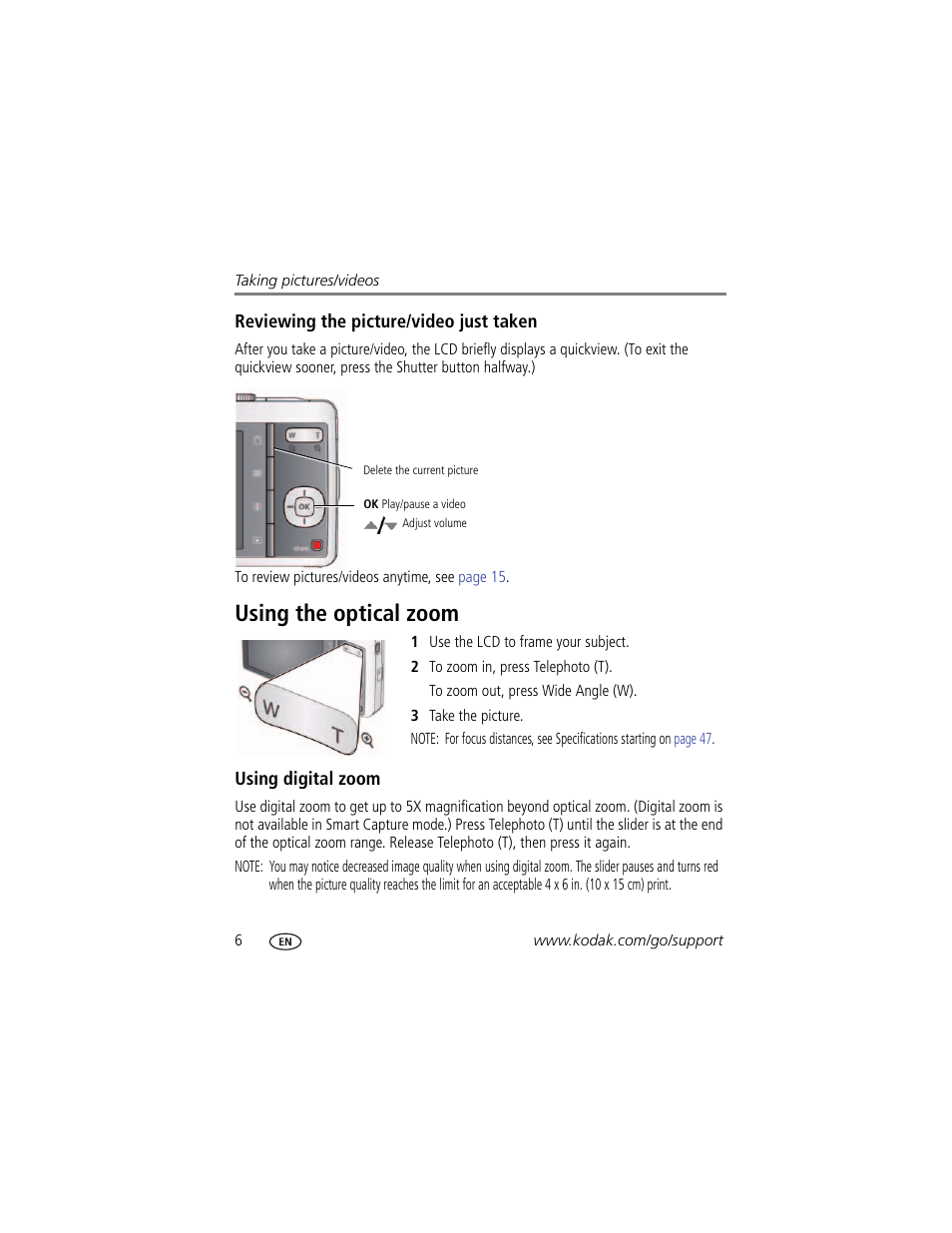 Reviewing the picture/video just taken, Using the optical zoom, Using digital zoom | Kodak MD41 User Manual | Page 12 / 67