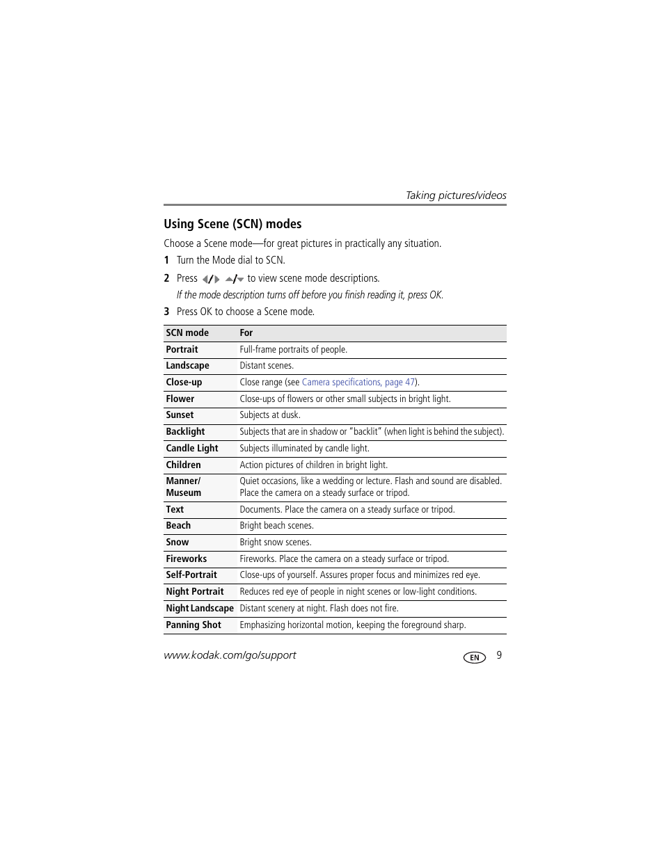 Using scene (scn) modes, Ation. (see | Kodak MD41 User Manual | Page 15 / 67