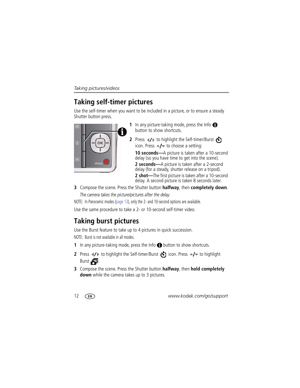 Taking self-timer pictures, Taking burst pictures, Taking self-timer pictures taking burst pictures | Kodak MD41 User Manual | Page 18 / 67