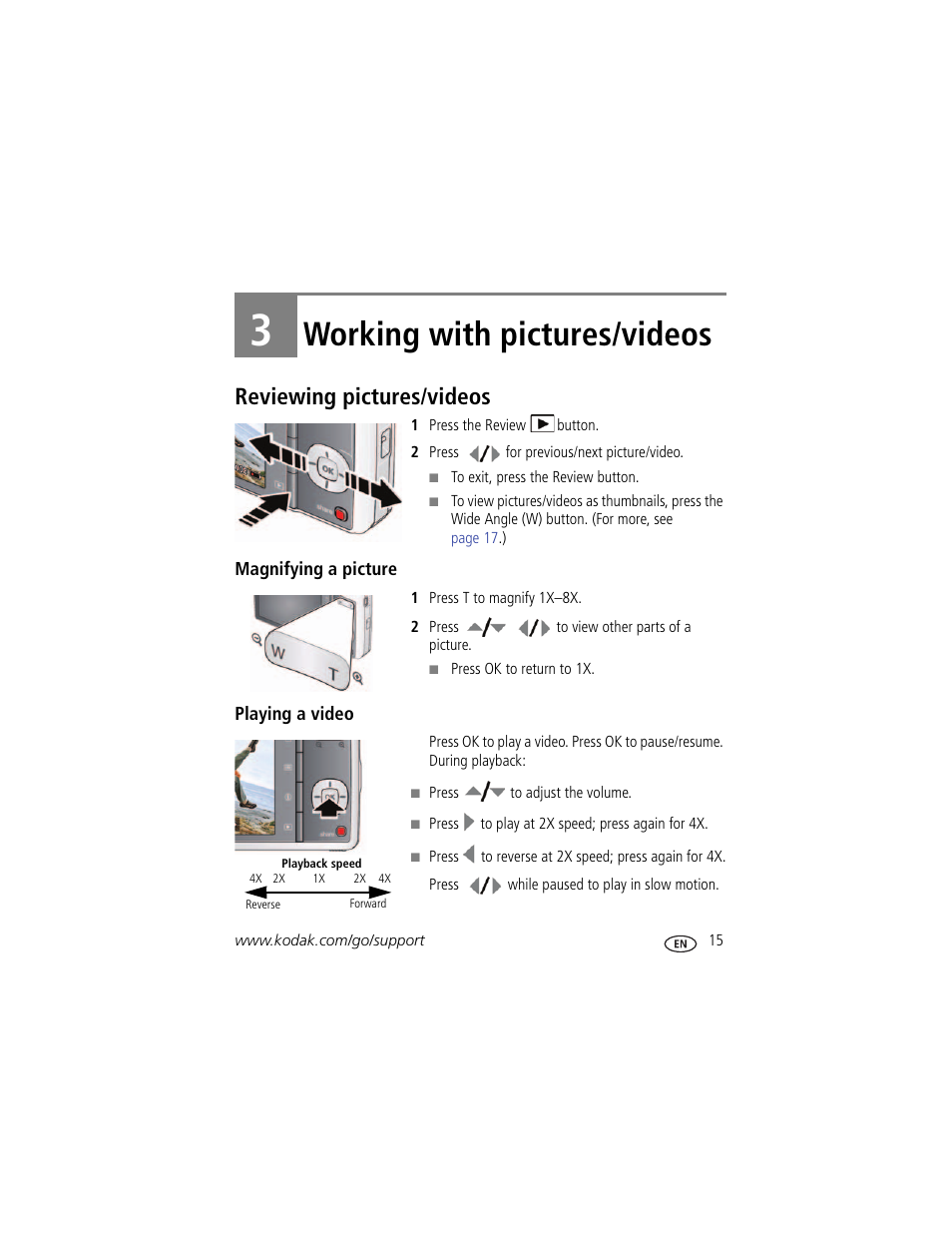 Working with pictures/videos, Reviewing pictures/videos, Magnifying a picture | Playing a video, 3 working with pictures/videos | Kodak MD41 User Manual | Page 21 / 67