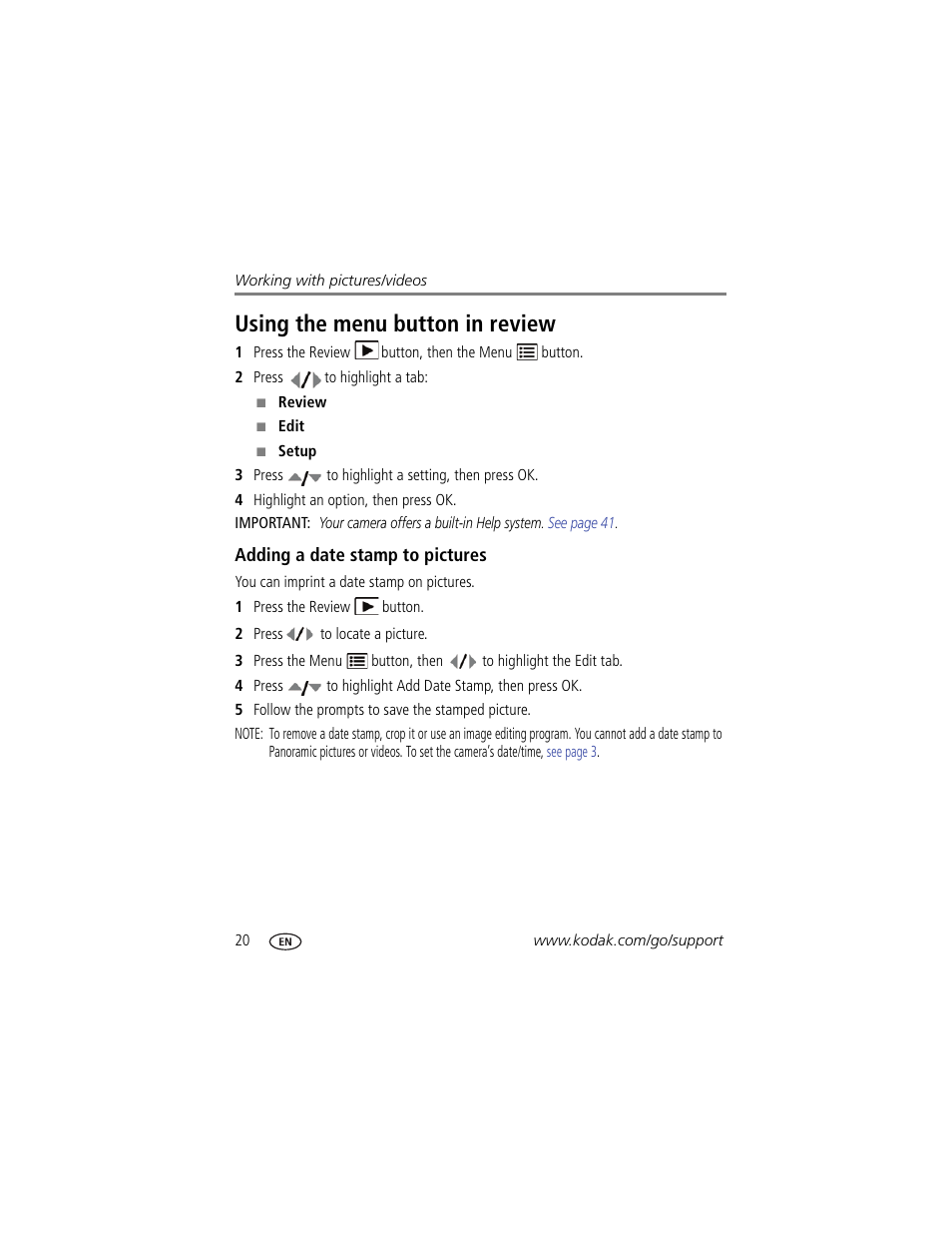 Using the menu button in review, Adding a date stamp to pictures | Kodak MD41 User Manual | Page 26 / 67