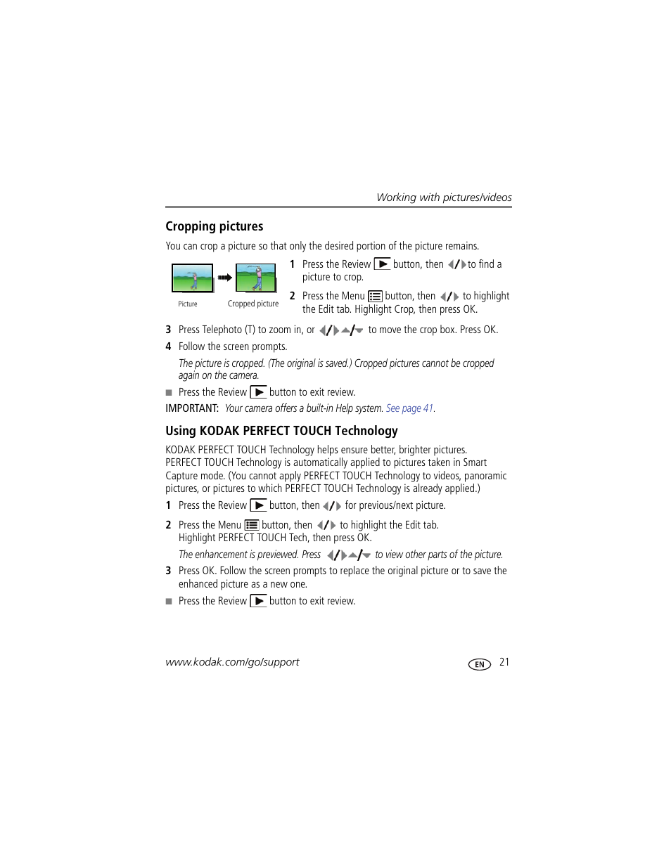 Cropping pictures, Using kodak perfect touch technology | Kodak MD41 User Manual | Page 27 / 67