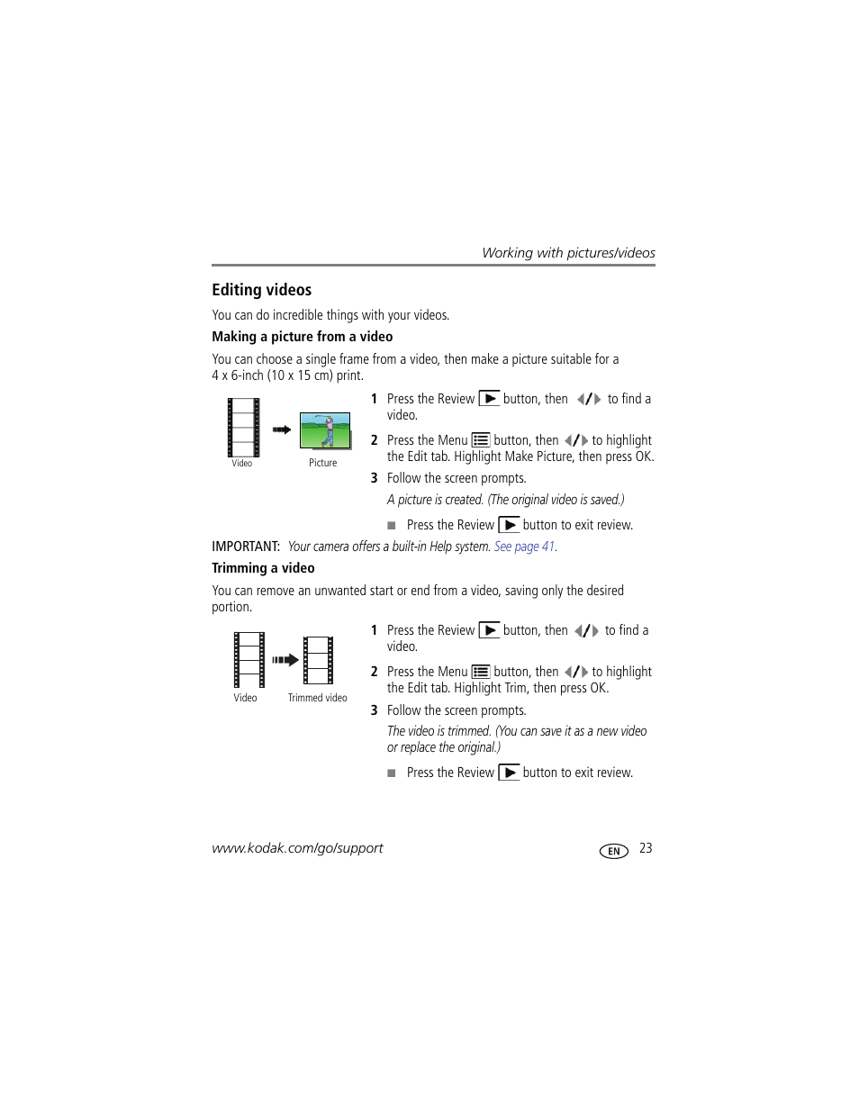 Editing videos, Making a picture from a video, Trimming a video | Kodak MD41 User Manual | Page 29 / 67