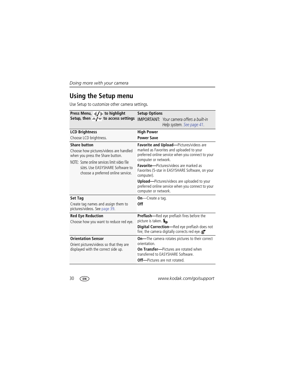 Using the setup menu | Kodak MD41 User Manual | Page 36 / 67