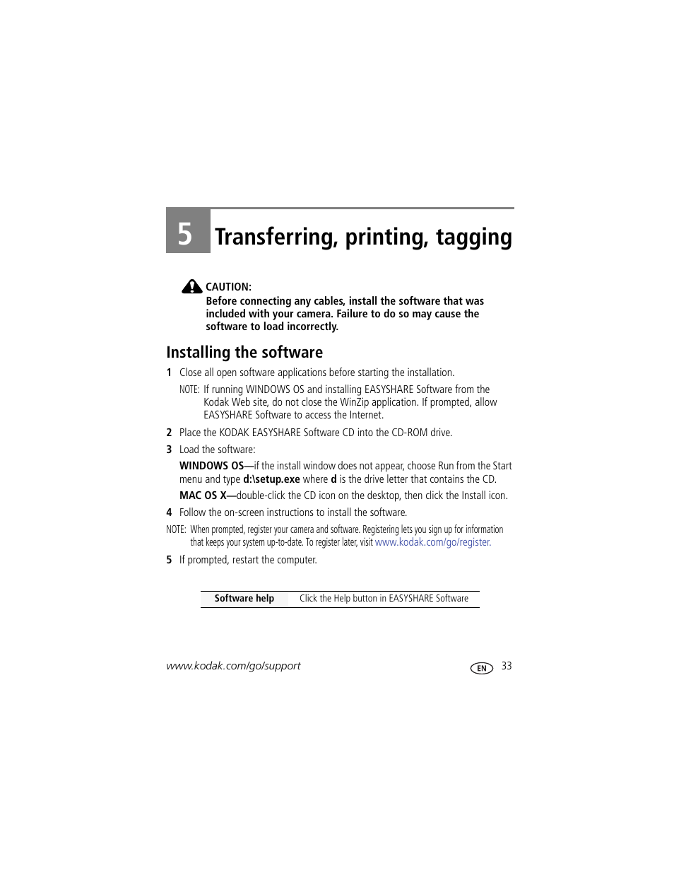 Transferring, printing, tagging, Installing the software, 5 transferring, printing, tagging | Kodak MD41 User Manual | Page 39 / 67