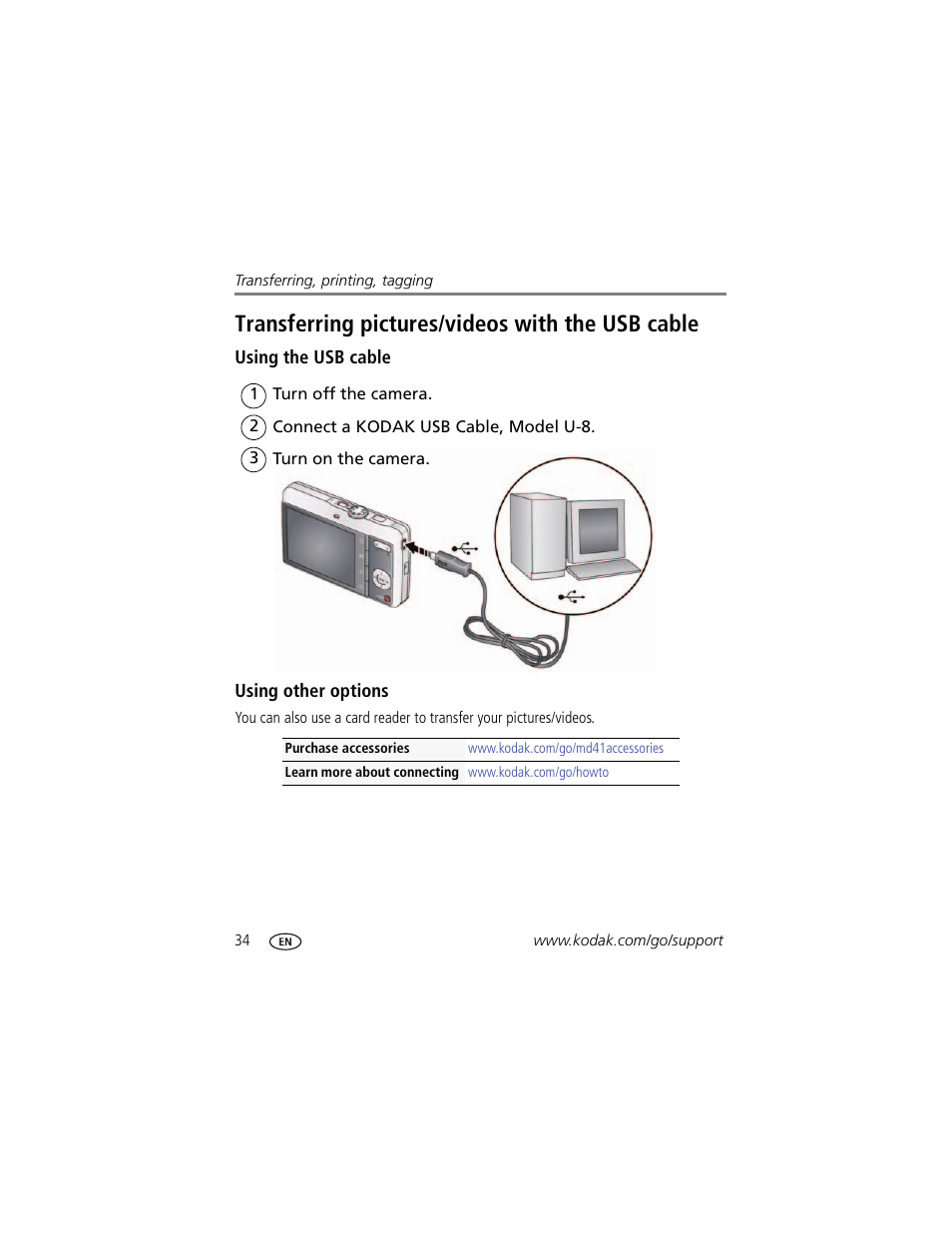Transferring pictures/videos with the usb cable, Using the usb cable, Using other options | Kodak MD41 User Manual | Page 40 / 67