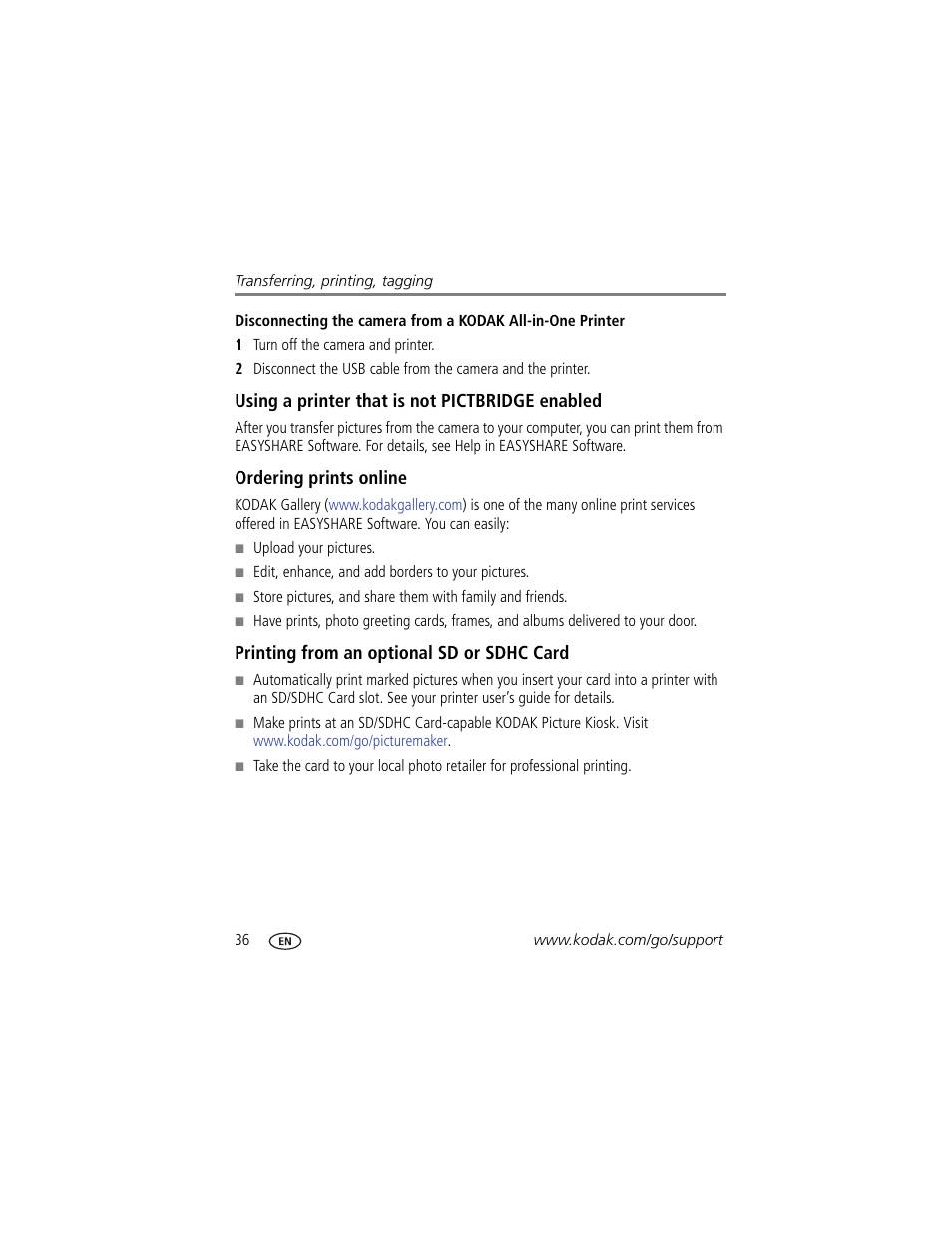 Using a printer that is not pictbridge enabled, Ordering prints online, Printing from an optional sd or sdhc card | Kodak MD41 User Manual | Page 42 / 67
