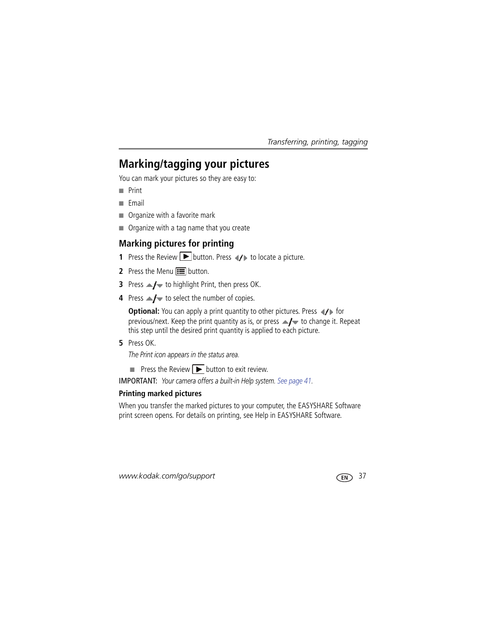 Marking/tagging your pictures, Marking pictures for printing, Printing marked pictures | Kodak MD41 User Manual | Page 43 / 67