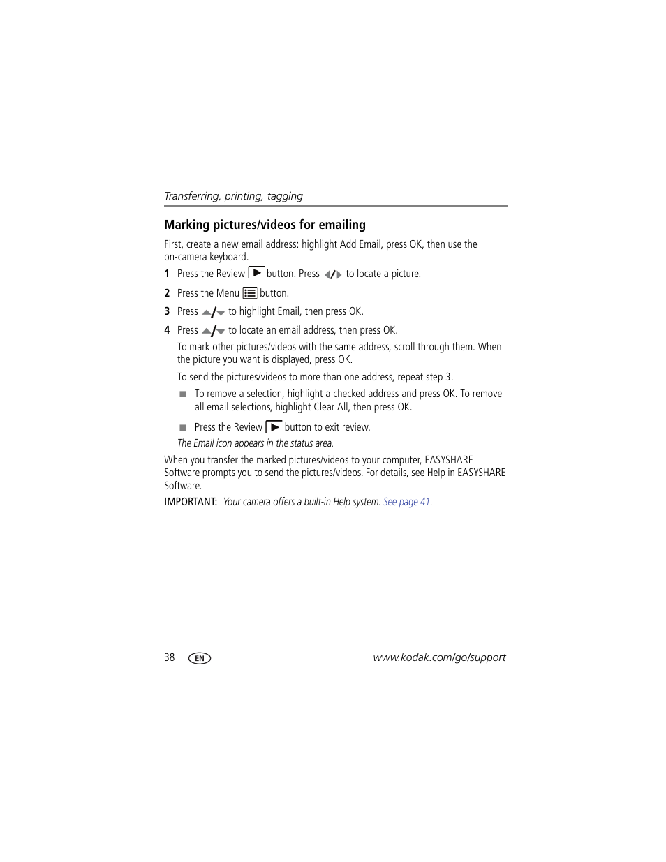 Marking pictures/videos for emailing | Kodak MD41 User Manual | Page 44 / 67