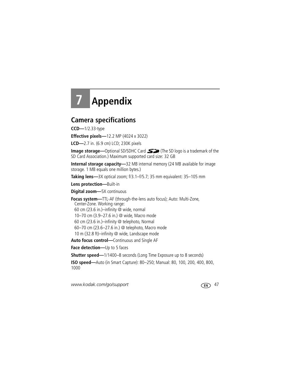 Appendix, Camera specifications, 7 appendix | Kodak MD41 User Manual | Page 53 / 67